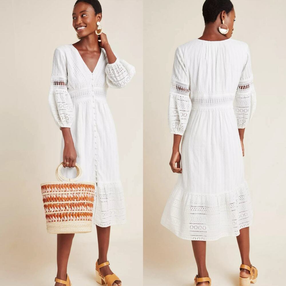 Anthropologie - Ebba White Eyelet Midi Dress Size 0 EUC